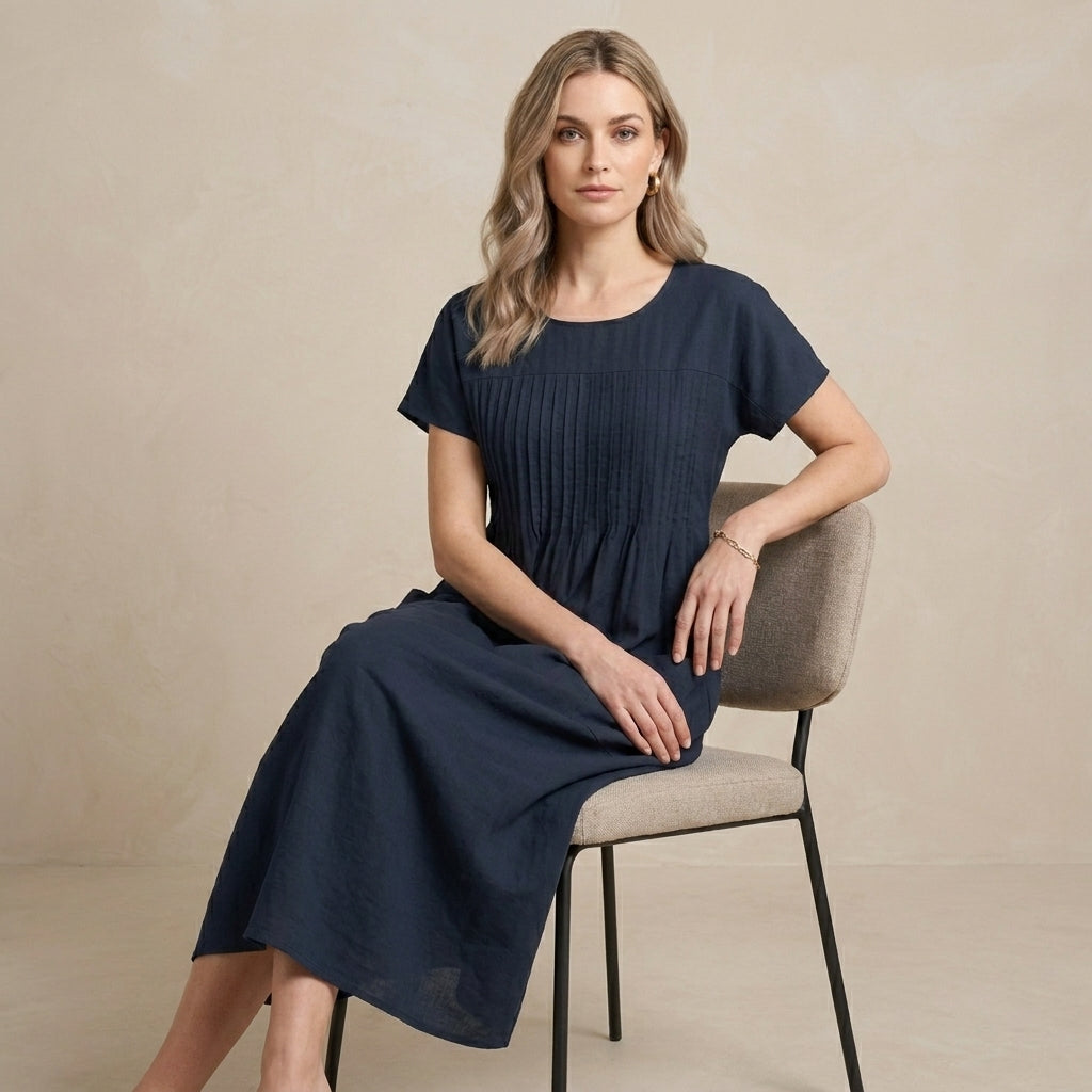 Pleated Pocket Midi Dress for Women – Relaxed Everyday Elegance