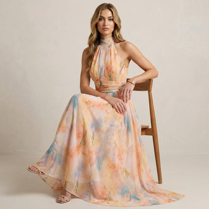 Watercolor Halter Midi Dress for Women – Graceful Occasion Elegance