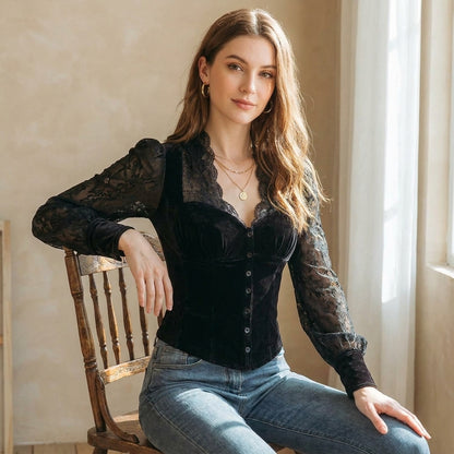Slim Fit Lace Trim Button Front Blouses for Women – Elegant Evening Style