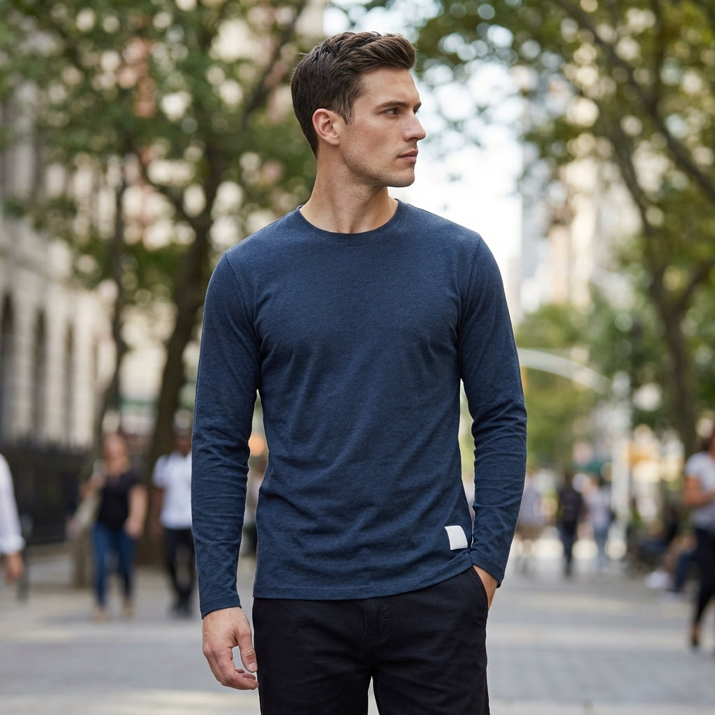 Regular Fit Solid Crewneck Long Sleeve T-Shirt for Men – Classic Casual Comfort
