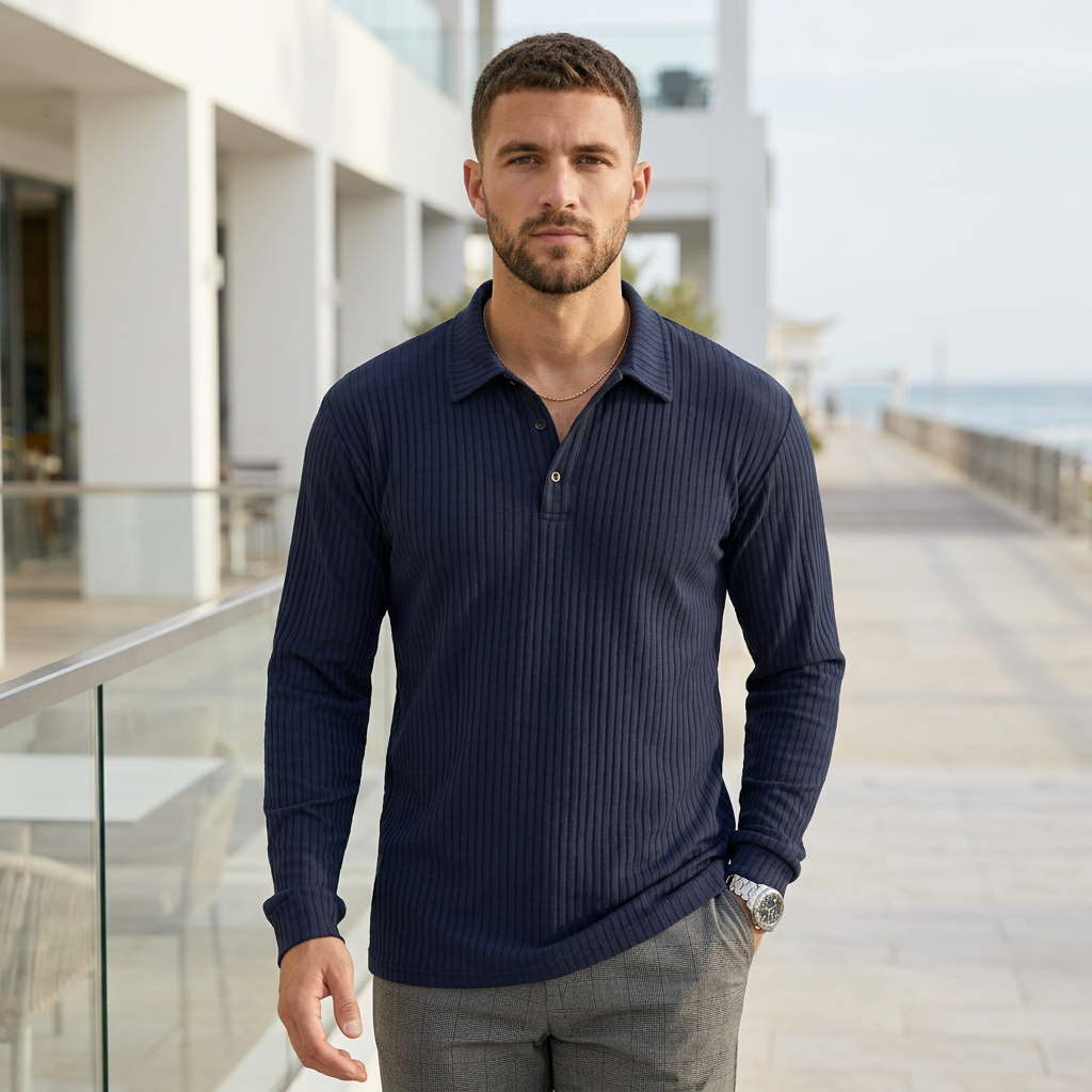 Ribbed Long Sleeve Polo Shirt for Men – Modern Everyday Comfort