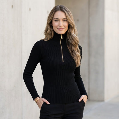 Quarter-Zip Ribbed Slim Fit Turtleneck Top for Women – Flattering Everyday Style