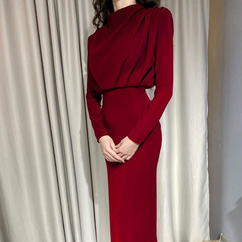Women's Dress - Elegant Fit - Knee Length - Long Sleeves - High Round Neck