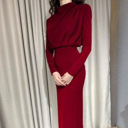 Women's Dress - Elegant Fit - Knee Length - Long Sleeves - High Round Neck