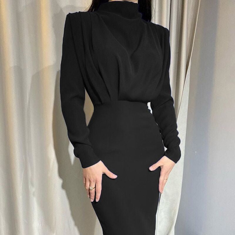 Women's Dress - Elegant Fit - Knee Length - Long Sleeves - High Round Neck