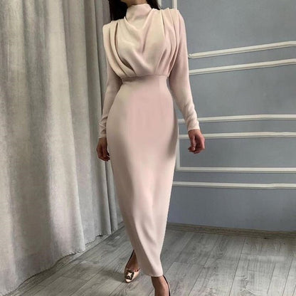 Women's Dress - Elegant Fit - Knee Length - Long Sleeves - High Round Neck