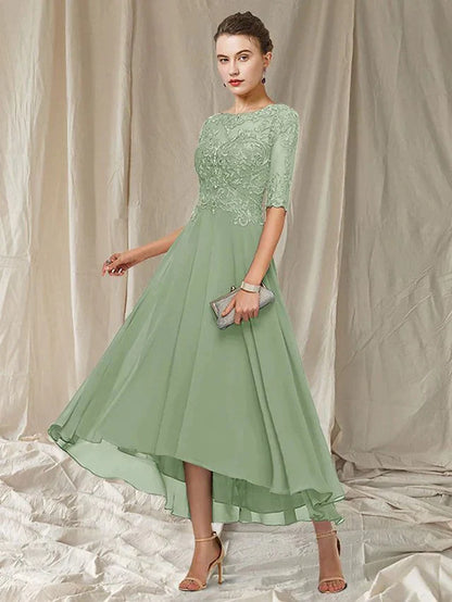 Women's Dress – A-line Fit – Asymmetric Length – Lace – Elbow-length Sleeves