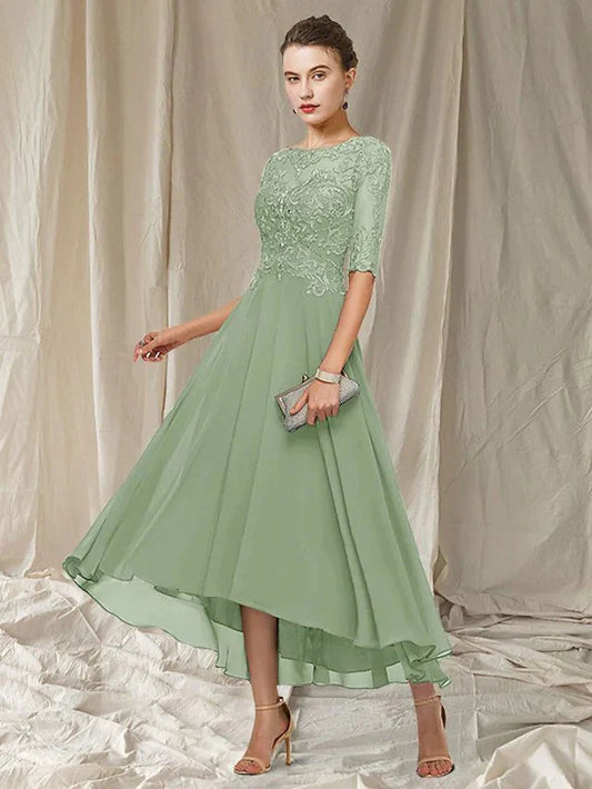 Women's Dress – A-line Fit – Asymmetric Length – Lace – Elbow-length Sleeves