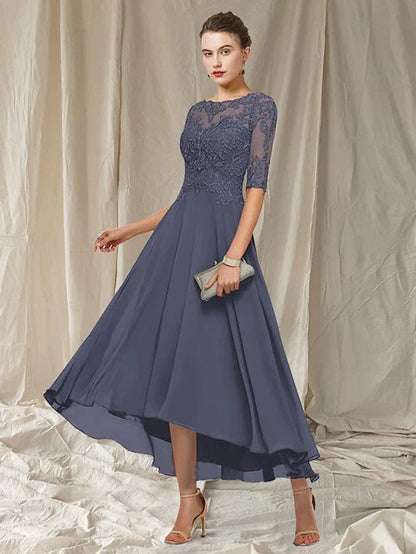 Women's Dress – A-line Fit – Asymmetric Length – Lace – Elbow-length Sleeves
