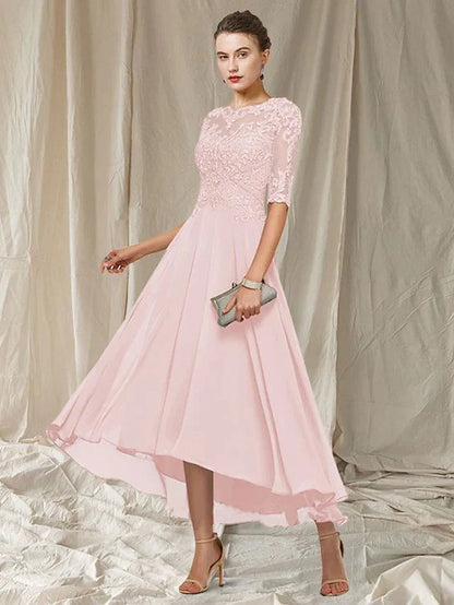 Women's Dress – A-line Fit – Asymmetric Length – Lace – Elbow-length Sleeves