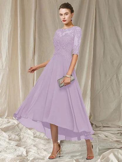 Women's Dress – A-line Fit – Asymmetric Length – Lace – Elbow-length Sleeves