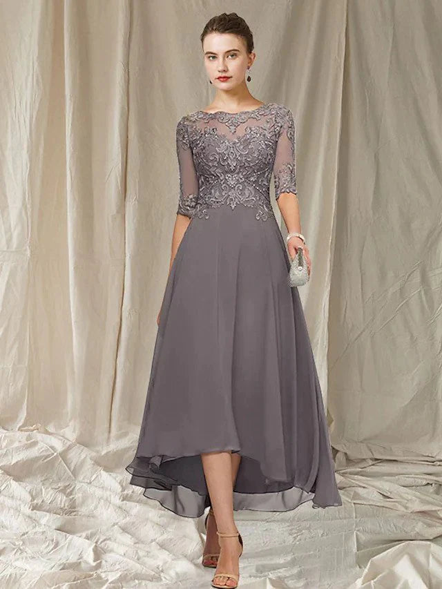 Women's Dress – A-line Fit – Asymmetric Length – Lace – Elbow-length Sleeves