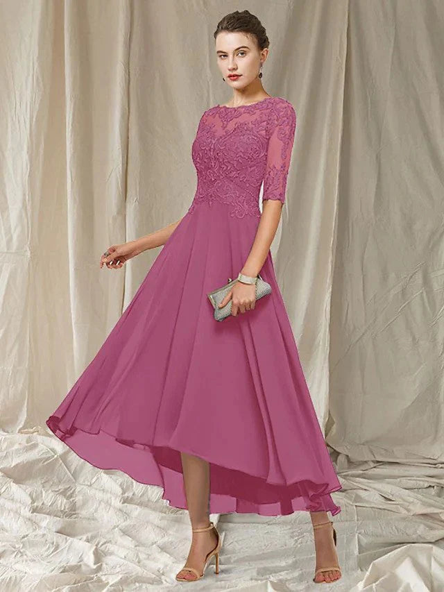 Women's Dress – A-line Fit – Asymmetric Length – Lace – Elbow-length Sleeves