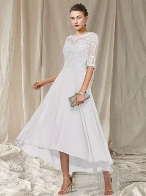Women's Dress – A-line Fit – Asymmetric Length – Lace – Elbow-length Sleeves