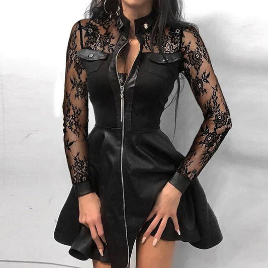 Women's Dress - A-line Fit - Lace Sleeves - Zip Front - Elegant and Modern Look
