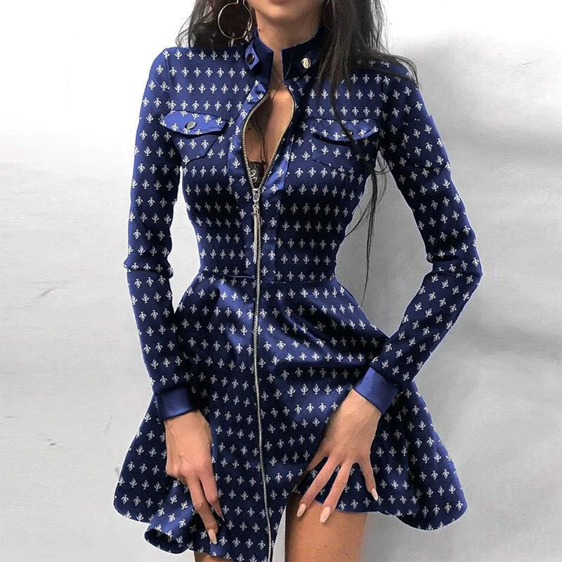 Women's Dress - A-line Fit - Lace Sleeves - Zip Front - Elegant and Modern Look