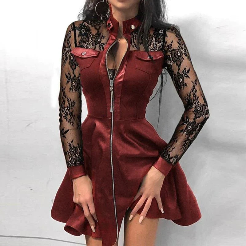 Women's Dress - A-line Fit - Lace Sleeves - Zip Front - Elegant and Modern Look