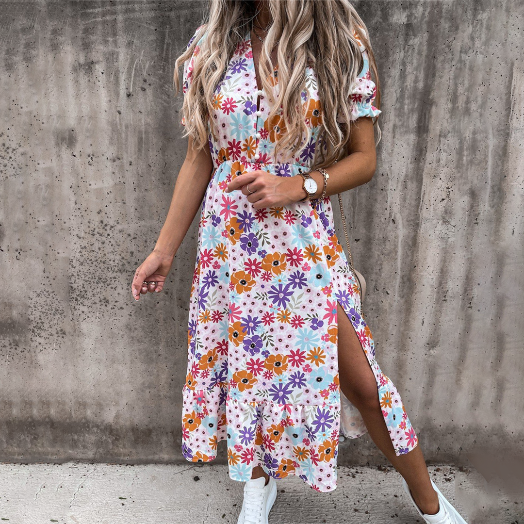 Women's Midi Dress - V-neck - Short Puff Sleeves - Fitted Waist - Floral Print - Slit