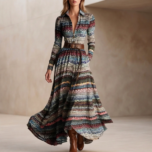 Bohemian Collared Belted A-Line Maxi Dress for Women – Casual Elegant Comfort