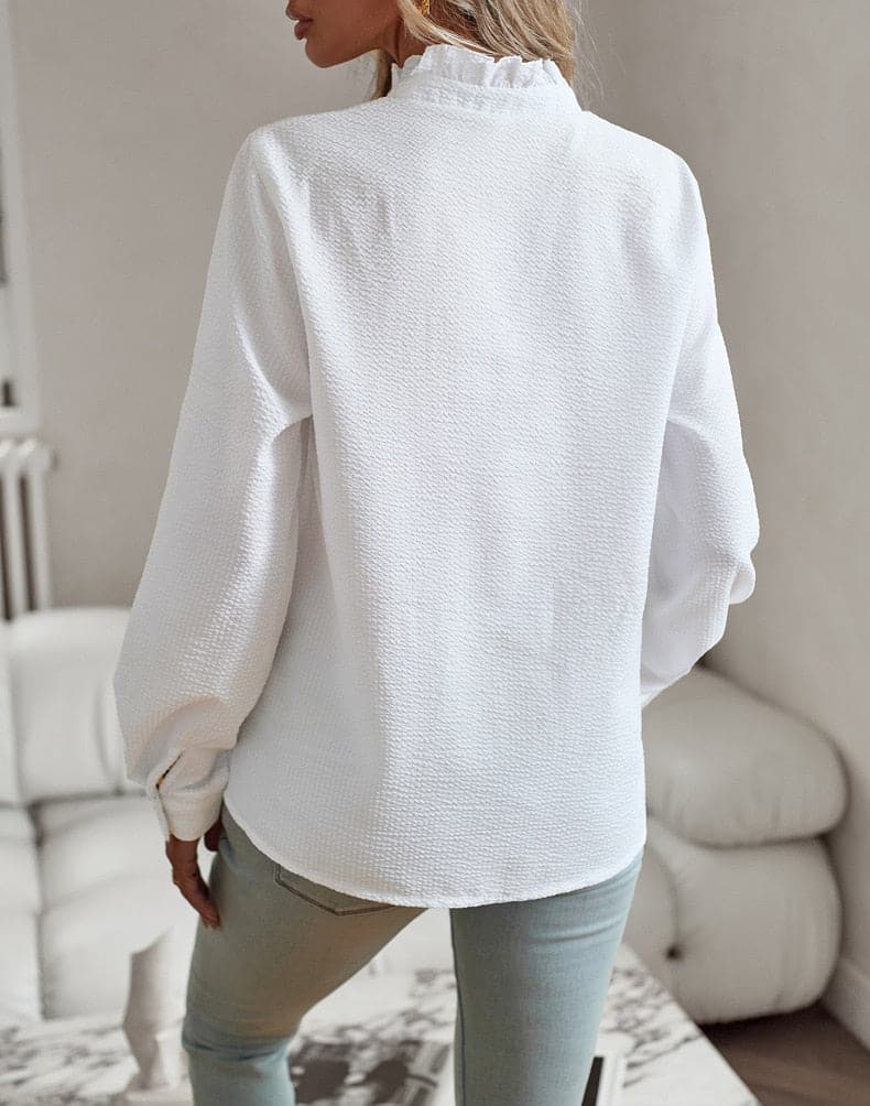 Women's Blouse - Light Crinkle Effect - Button Closure with Ruffle Details - Long-Sleeved Loose Fit
