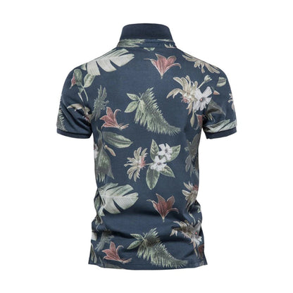Men's Polo Shirt - Breathable Cotton - Button Closure - Tropical Floral Pattern