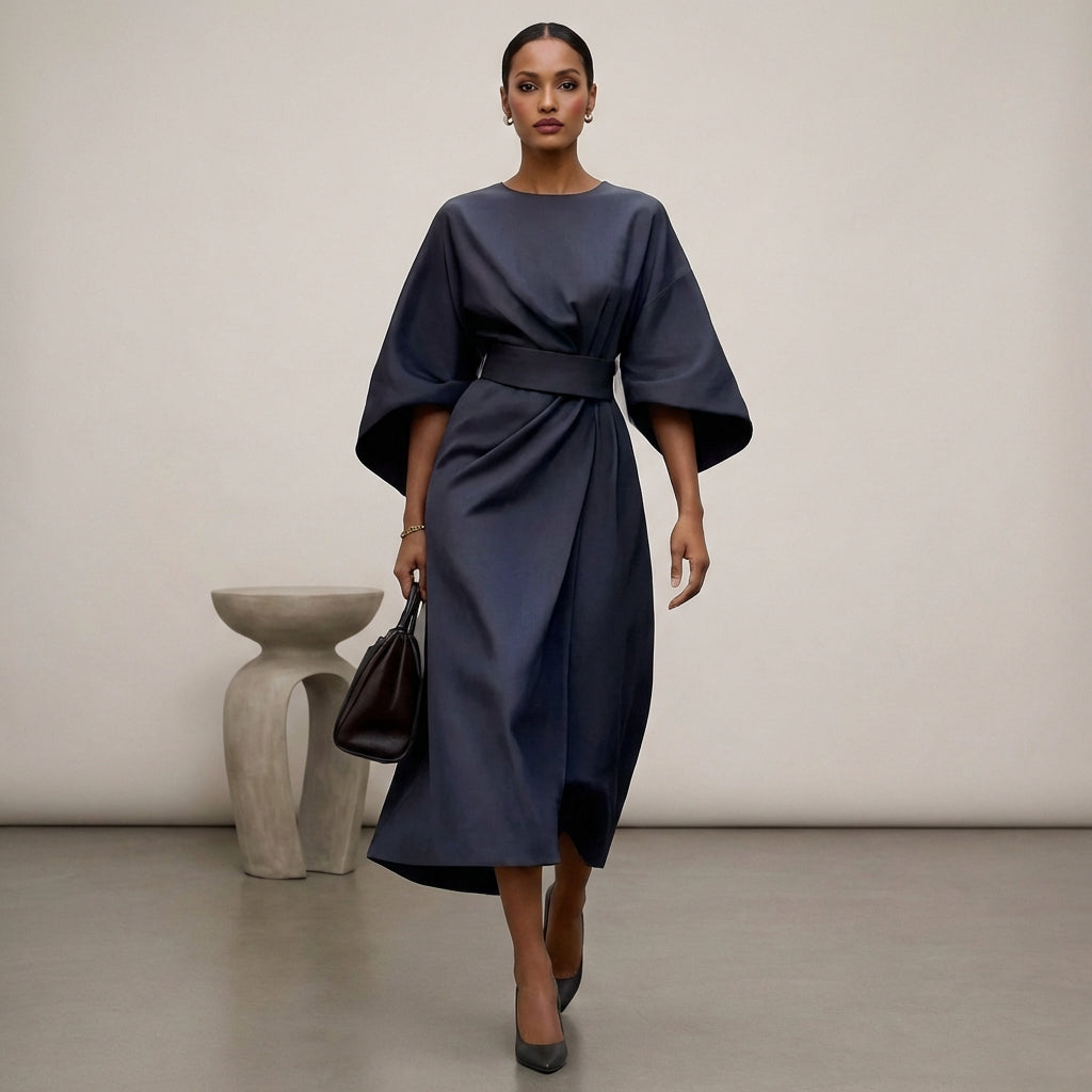 Relaxed Fit Belted Draped Midi Dress for Women – Elegant Stylish Comfort