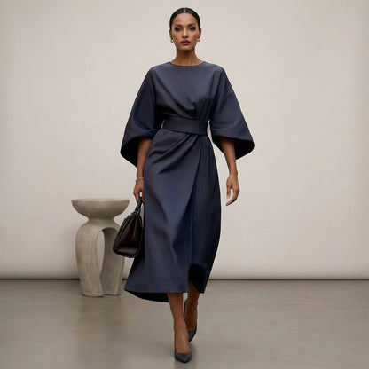 Relaxed Fit Belted Draped Midi Dress for Women – Elegant Stylish Comfort