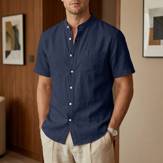 Men's Shirt – Relaxed Fit – Linen – Mandarin Collar – Button Closure