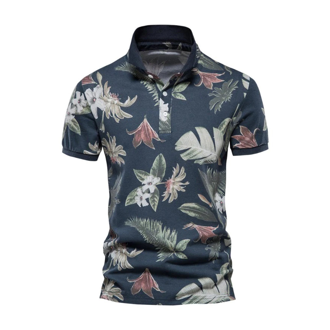Men's Polo Shirt - Breathable Cotton - Button Closure - Tropical Floral Pattern