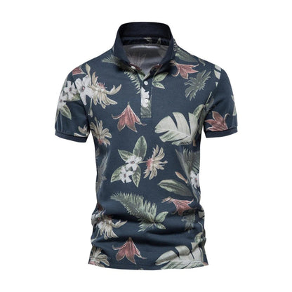 Men's Polo Shirt - Breathable Cotton - Button Closure - Tropical Floral Pattern