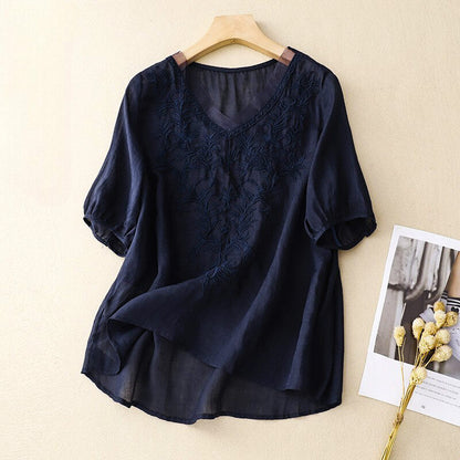 Embroidered V Neck Blouse for Women – Relaxed Bohemian Elegance