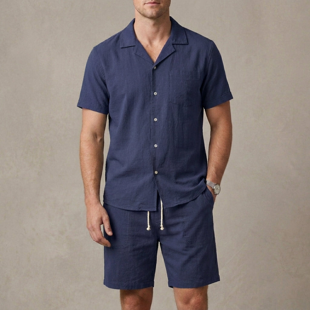 Relaxed Fit Cuban Collar Shirt and Drawstring Shorts Set for Men – Casual Comfort & Style