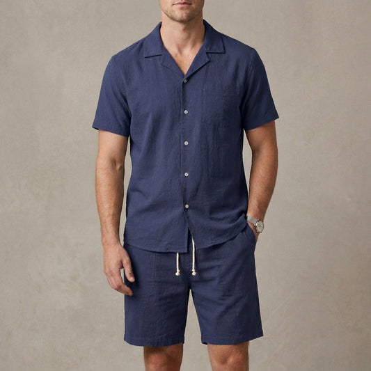 Relaxed Fit Cuban Collar Shirt and Drawstring Shorts Set for Men – Casual Comfort & Style