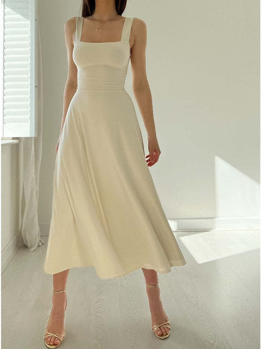 Women's Midi Dress - A-Line Fit - Square Neckline - Wide Straps - Elegant and Timeless