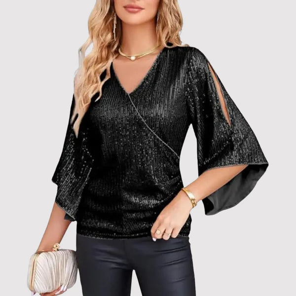Women's Blouse - V-neck Wrap Design - Glittering Texture - 3/4 Ruffle Sleeves