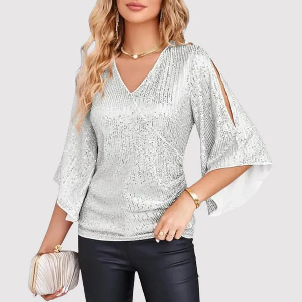 Women's Blouse - V-neck Wrap Design - Glittering Texture - 3/4 Ruffle Sleeves