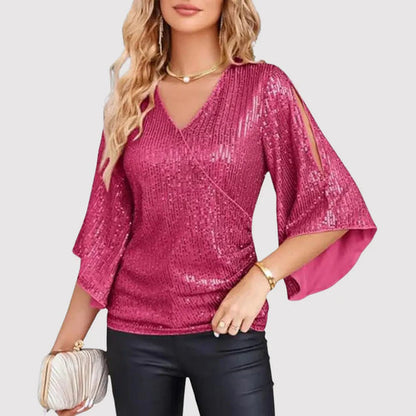 Women's Blouse - V-neck Wrap Design - Glittering Texture - 3/4 Ruffle Sleeves