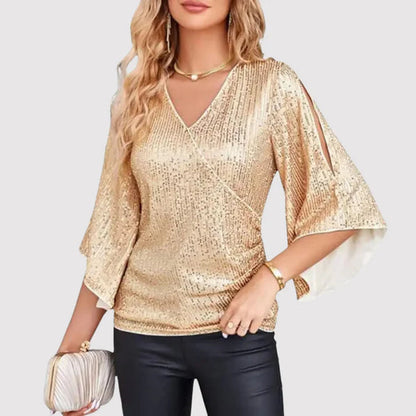 Women's Blouse - V-neck Wrap Design - Glittering Texture - 3/4 Ruffle Sleeves