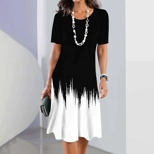 Women's Dress - A-line Fit - Round Neck - Knee-Length - Short Sleeve - Dip-Dye Design