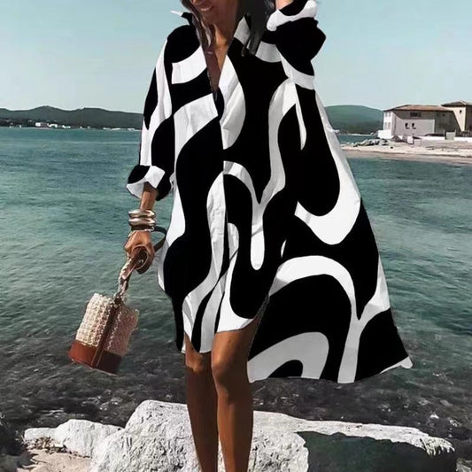 Women's Dress – Relaxed Fit – V-Neck – Knee Length – Breathable Material – Patterned