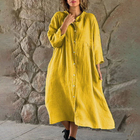 Women's Casual Midi Dress with Buttons - Relaxed Fit - Three-Quarter Sleeves