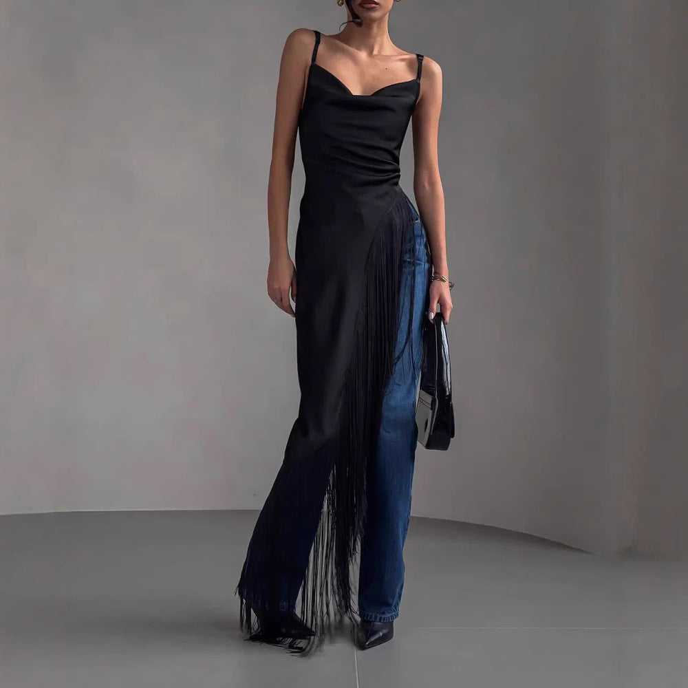 Women's Sleeveless Top – Satin – Slim Fit – Deep V-Neck – Asymmetric Fringe