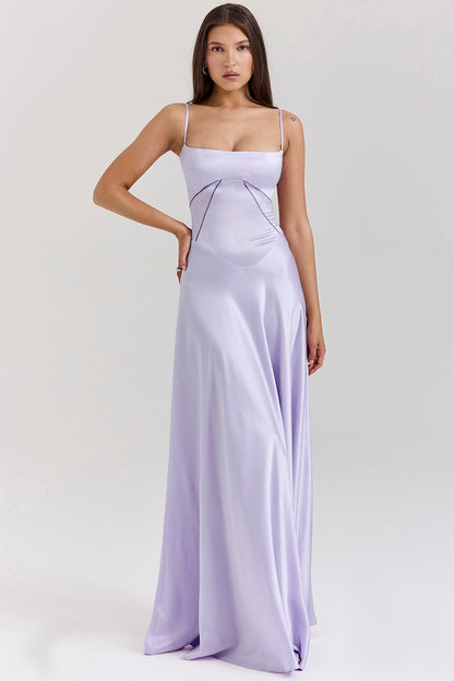 Women's Evening Dress – Satin – A-line Fit – Spaghetti Straps – Cut-out Waist