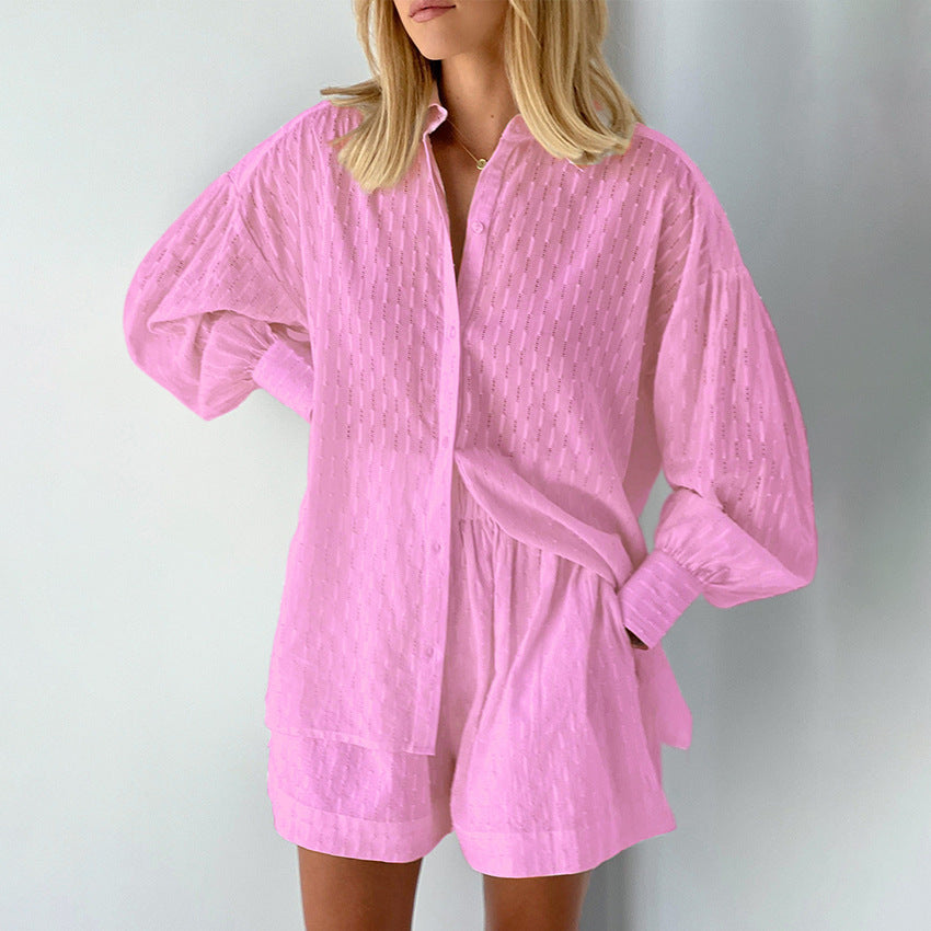 Women's Set with Blouse and Shorts – Relaxed Fit – Jacquard – Puff Sleeves – Elastic Waist