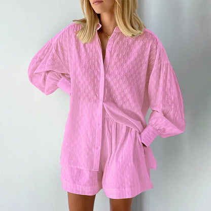 Women's Set with Blouse and Shorts – Relaxed Fit – Jacquard – Puff Sleeves – Elastic Waist