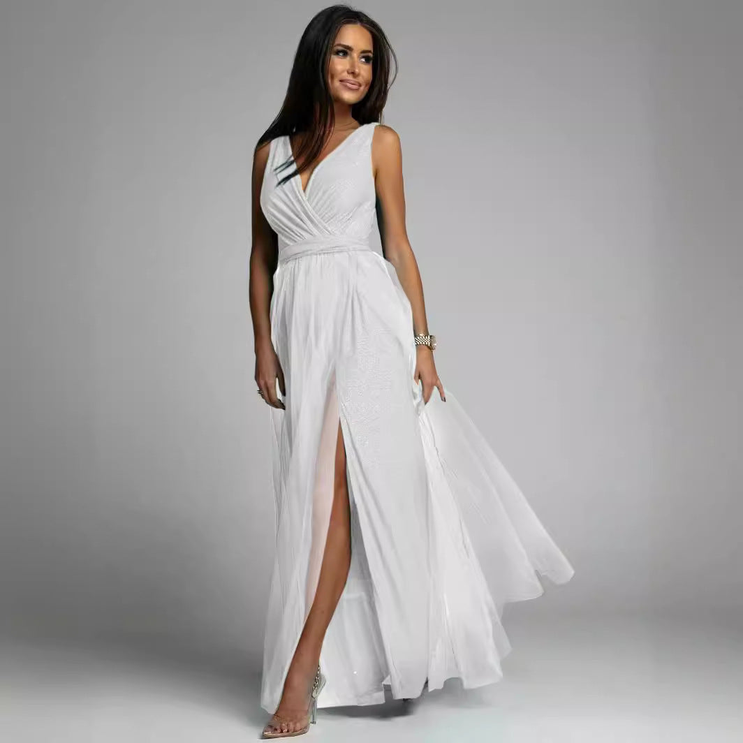 Women's Evening Dress – Slim Fit – Deep V-Neck – High Slit – Shiny Fabric