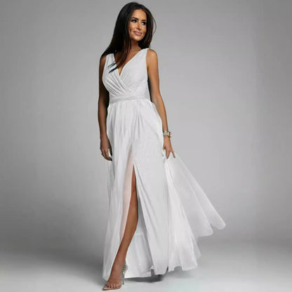 Women's Evening Dress – Slim Fit – Deep V-Neck – High Slit – Shiny Fabric