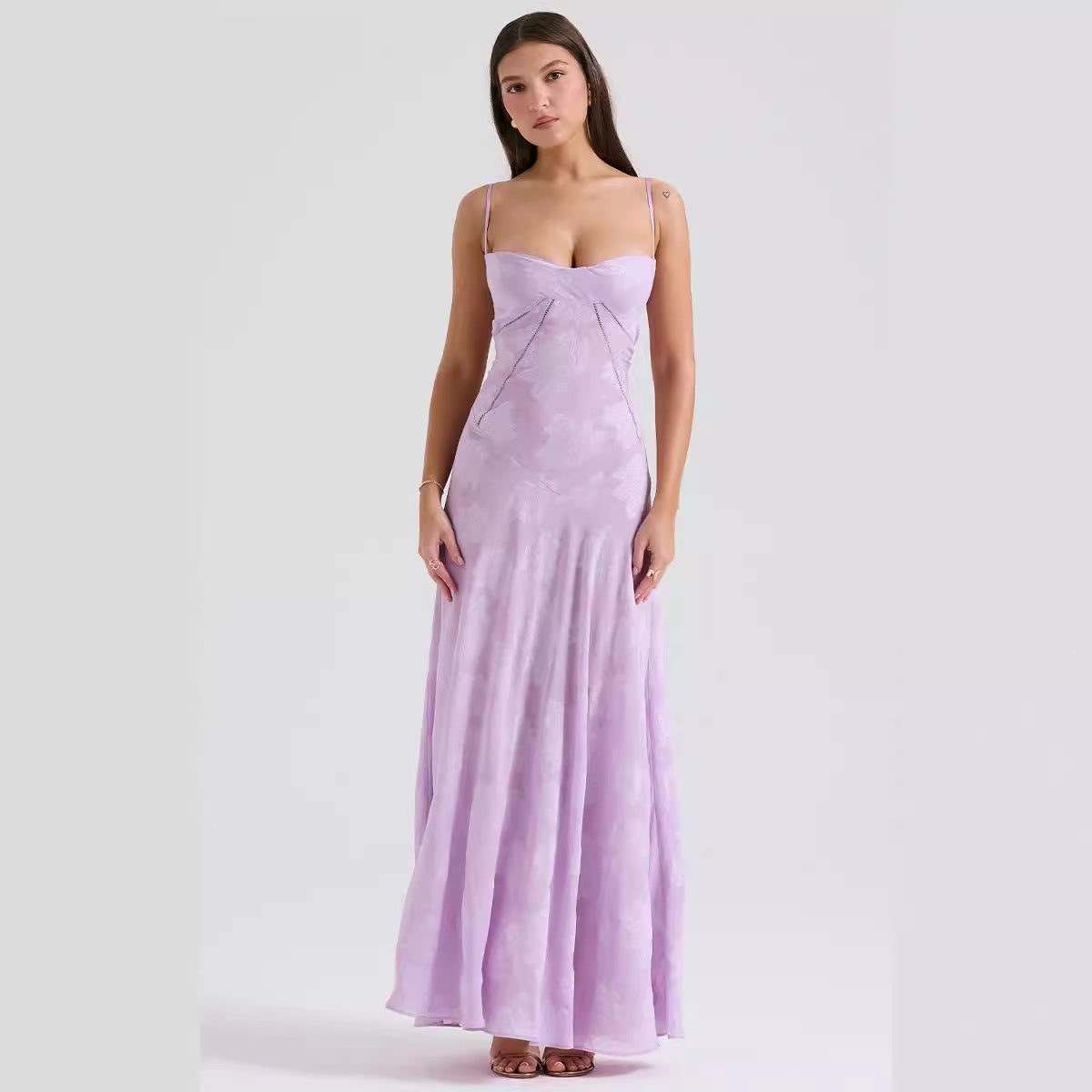 Women's Evening Dress – Chiffon – Slim Fit – Spaghetti Straps – Embroidered Design