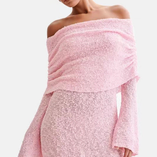 Women's Beach Dress – Knit – Slim Fit – Off Shoulder – Semi Transparent – Long Sleeves