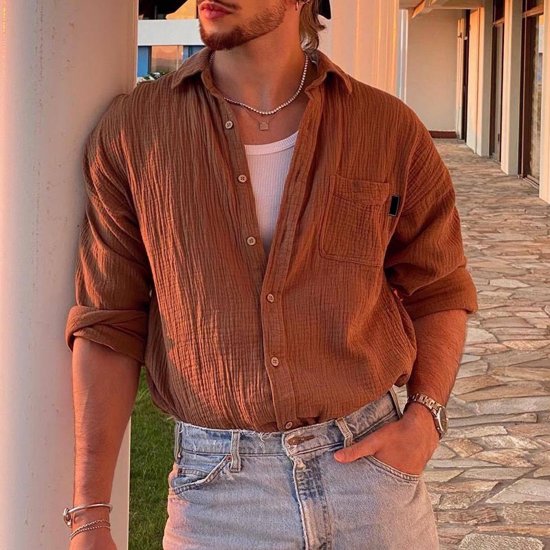 Men's Shirt with Long Sleeves – Relaxed Fit – Breathable Cotton and Linen Blend – Button Closure